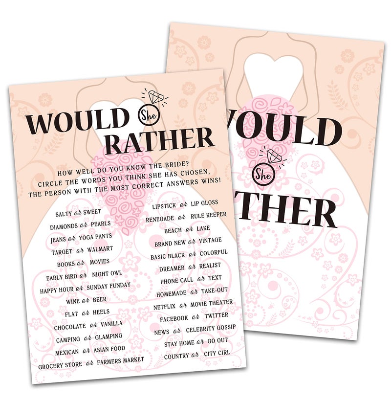 Huastatewolf Bridal Shower Game Cards, Would She Rather Game, Brid with Holding Flowers Pink Engagement Party Cards for Wedding, Set of 30 Cards(Dress003) - Image 1