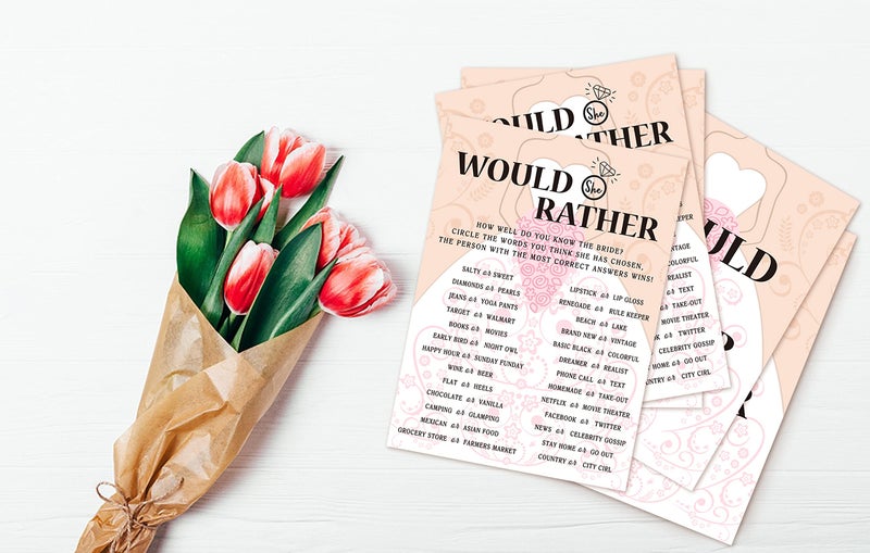 Huastatewolf Bridal Shower Game Cards, Would She Rather Game, Brid with Holding Flowers Pink Engagement Party Cards for Wedding, Set of 30 Cards(Dress003) - Image 4