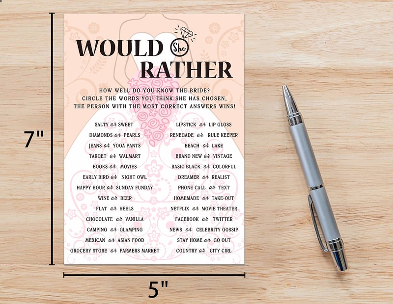 Huastatewolf Bridal Shower Game Cards, Would She Rather Game, Brid with Holding Flowers Pink Engagement Party Cards for Wedding, Set of 30 Cards(Dress003) - Image 2