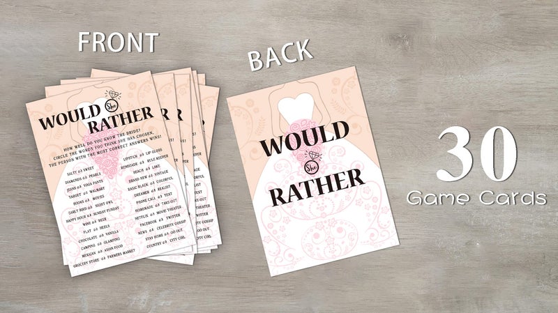 Huastatewolf Bridal Shower Game Cards, Would She Rather Game, Brid with Holding Flowers Pink Engagement Party Cards for Wedding, Set of 30 Cards(Dress003) - Image 3