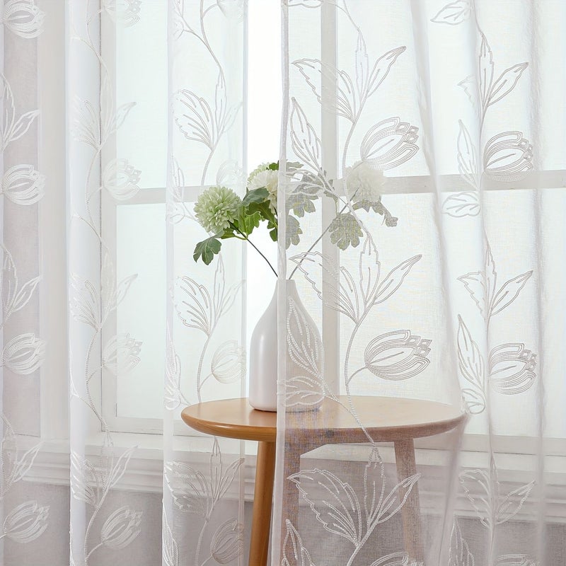 2pcs White Embroidered Sheer Curtains 120x260cm Light Filtering for Bedroom Living Room Balcony Decoration - Image 2