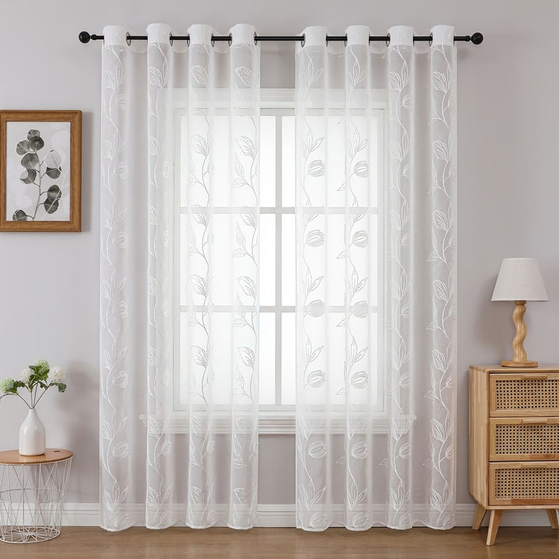 2pcs White Embroidered Sheer Curtains 120x260cm Light Filtering for Bedroom Living Room Balcony Decoration - Image 1