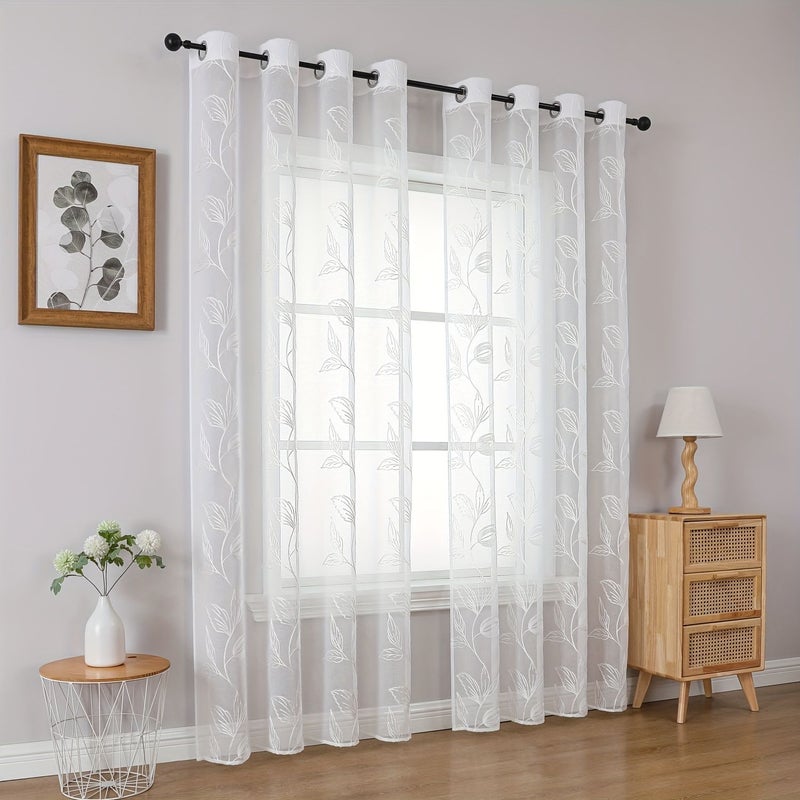 2pcs White Embroidered Sheer Curtains 120x260cm Light Filtering for Bedroom Living Room Balcony Decoration - Image 3