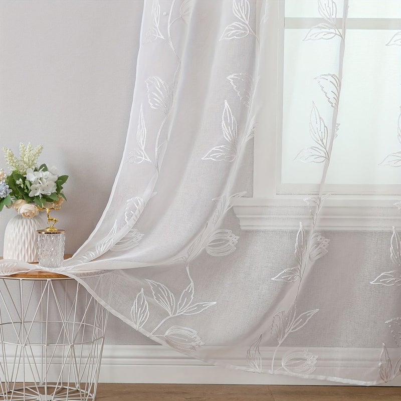 2pcs White Embroidered Sheer Curtains 120x260cm Light Filtering for Bedroom Living Room Balcony Decoration - Image 5
