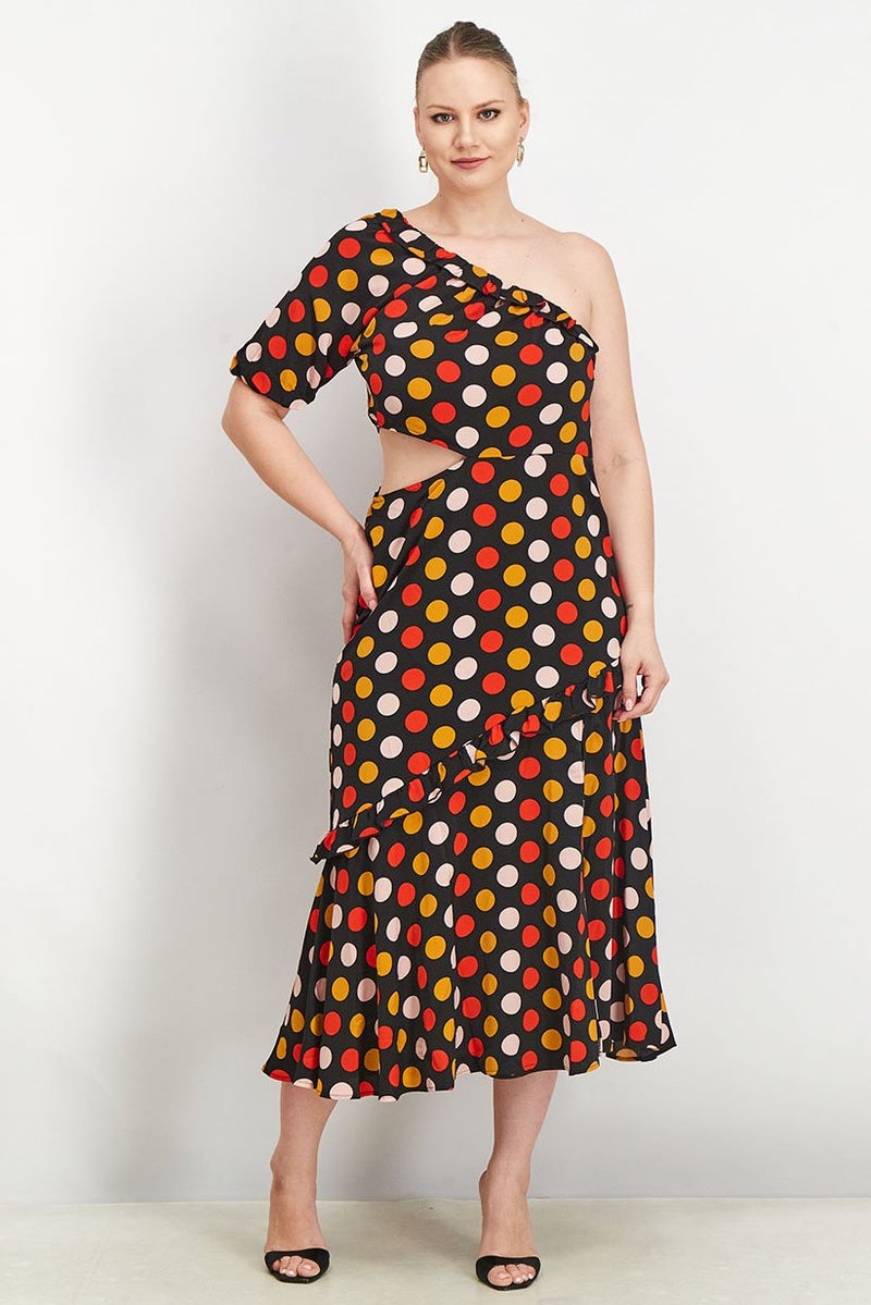 Sam Edelman Women Polka Dots One Shoulder Midi Dress, Black - Image 1