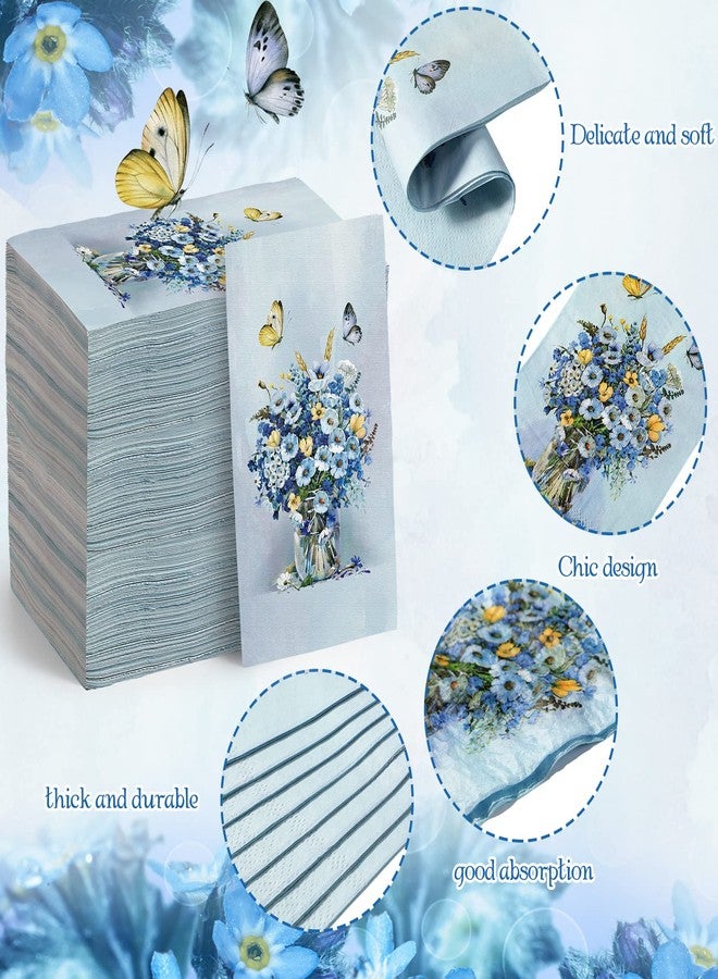 Tenceur 100 Pieces Blue Floral Guest Napkins Disposable Paper Hand Towels Butterfly Floral Dinner Decorative Cocktail Napkins for Bathroom Wedding Baby Shower Birthday Party Decoration(13 x 16 Inch) - Image 2