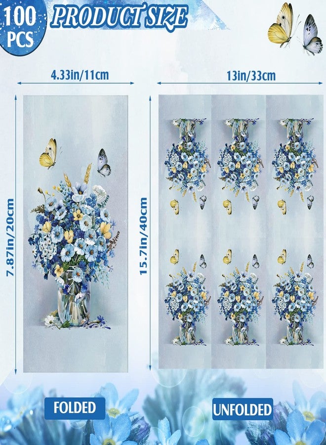 Tenceur 100 Pieces Blue Floral Guest Napkins Disposable Paper Hand Towels Butterfly Floral Dinner Decorative Cocktail Napkins for Bathroom Wedding Baby Shower Birthday Party Decoration(13 x 16 Inch) - Image 3