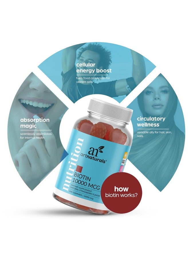 آرت ناتشورالز حلوى جيلاتين البيوتين من Artnaturals لنمو الشعر - (100 حلوى جيلاتينية - 10000 ميكروجرام) - فيتامينات الفراولة الطبيعية تدعم الأظافر والبشرة - خالية من الجيلاتين والغلوتين والمكسرات والبيض - Image 4