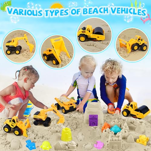 FHOZGECY Beach Toys Sand Toys for Kids Boys and Girls with 4 Beach Construction Vehicles 4 Collapsible Bucket Sand Castle Building Kit Sand Molds Mesh Bag Outdoor Toys for Kids Ages 48 - Image 5