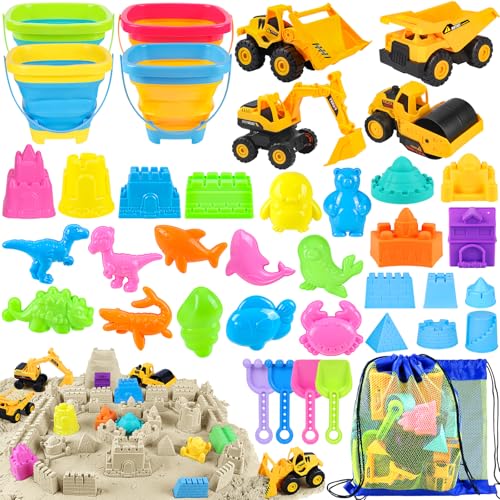 FHOZGECY Beach Toys Sand Toys for Kids Boys and Girls with 4 Beach Construction Vehicles 4 Collapsible Bucket Sand Castle Building Kit Sand Molds Mesh Bag Outdoor Toys for Kids Ages 48 - Image 1