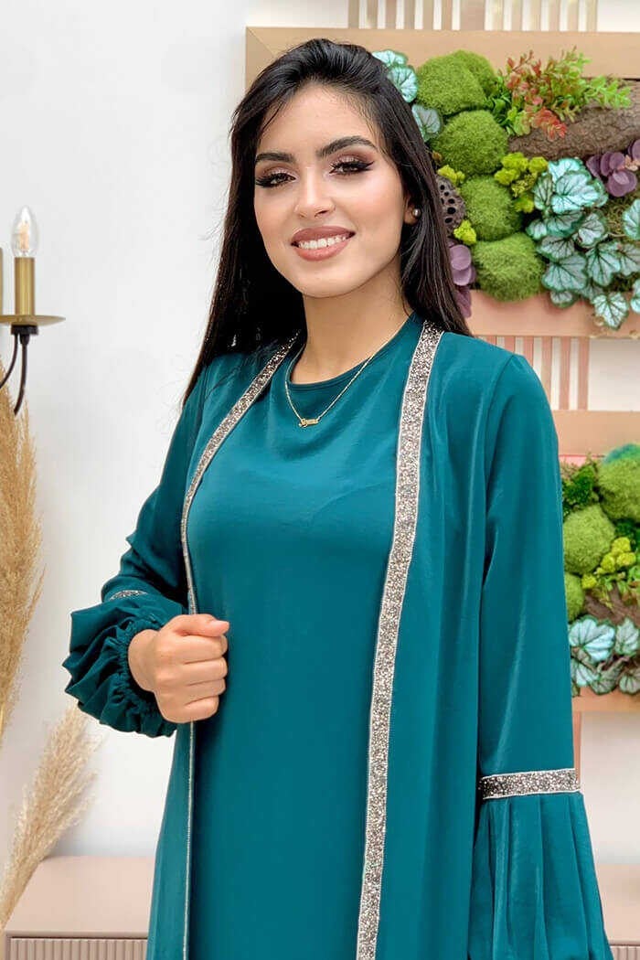 Bym Fashion Bym Stone Detailed Abaya Zero Sleeve Dress Set 3657 Emerald  - Image 2