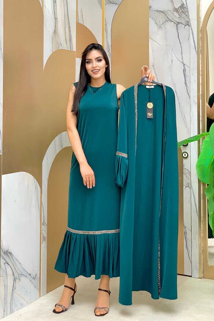 Bym Fashion Bym Stone Detailed Abaya Zero Sleeve Dress Set 3657 Emerald  - Image 1