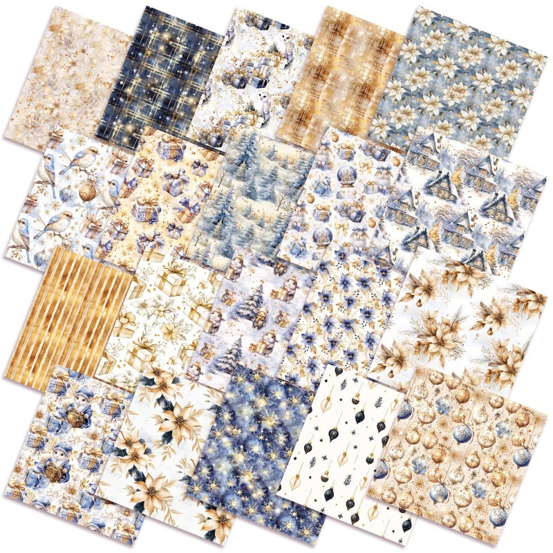 Oudain 60 Pcs 10 x 10 Inch Blue Gold Quilting Fabric Squares Vintage Christmas Fat Patchwork Precut Strips Poinsettias Fabric Bundles for Xmas DIY Craft Sewing Handmade Materials - Image 1
