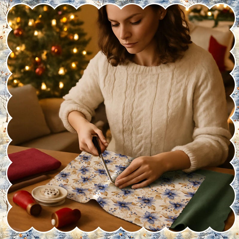 Oudain 60 Pcs 10 x 10 Inch Blue Gold Quilting Fabric Squares Vintage Christmas Fat Patchwork Precut Strips Poinsettias Fabric Bundles for Xmas DIY Craft Sewing Handmade Materials - Image 4