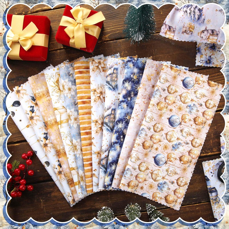 Oudain 60 Pcs 10 x 10 Inch Blue Gold Quilting Fabric Squares Vintage Christmas Fat Patchwork Precut Strips Poinsettias Fabric Bundles for Xmas DIY Craft Sewing Handmade Materials - Image 3