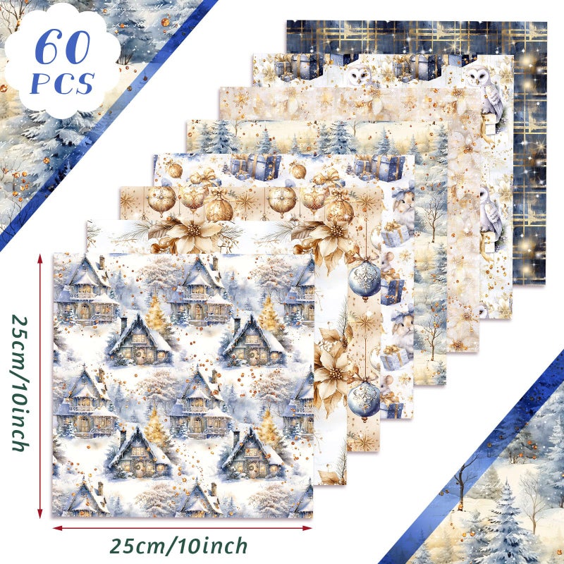 Oudain 60 Pcs 10 x 10 Inch Blue Gold Quilting Fabric Squares Vintage Christmas Fat Patchwork Precut Strips Poinsettias Fabric Bundles for Xmas DIY Craft Sewing Handmade Materials - Image 2