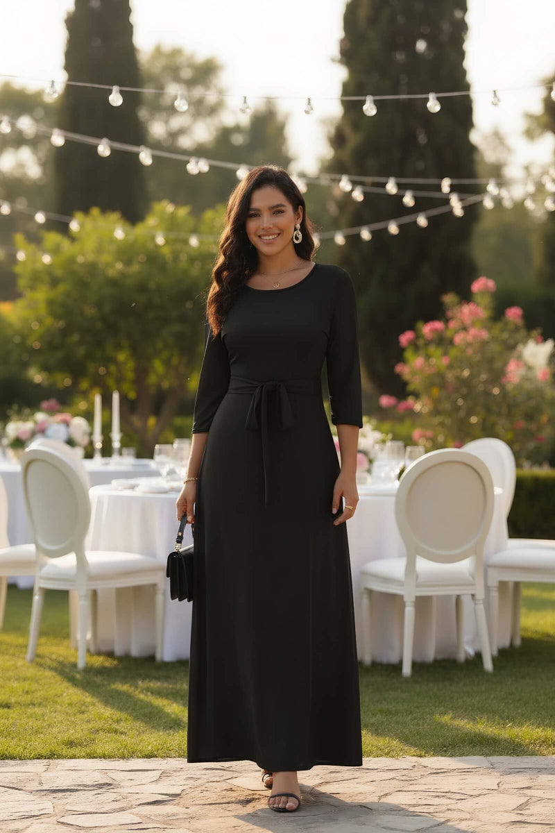 FANDEE Maxi Dress for Women 2026, Long Casual Empire Waist Dresses 3/4 Sleeve Round Neck with Belt L - Image 2