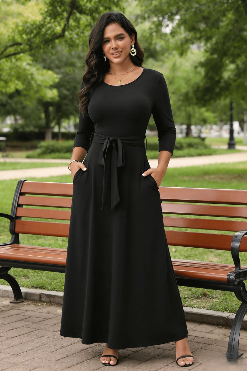 FANDEE Maxi Dress for Women 2026, Long Casual Empire Waist Dresses 3/4 Sleeve Round Neck with Belt L - Image 4