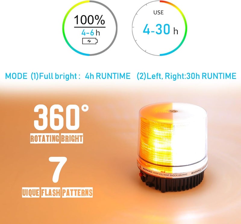 LE-JX Amber/White Wireless Rotating Beacon Orange Battery Led Strobe Warning Light Roof Top Plow Hazard Flash Emergency Lights 12V with Magnetic Base Mount and Rechargeable Plug(Yellow/White, 18 LED) - Image 4