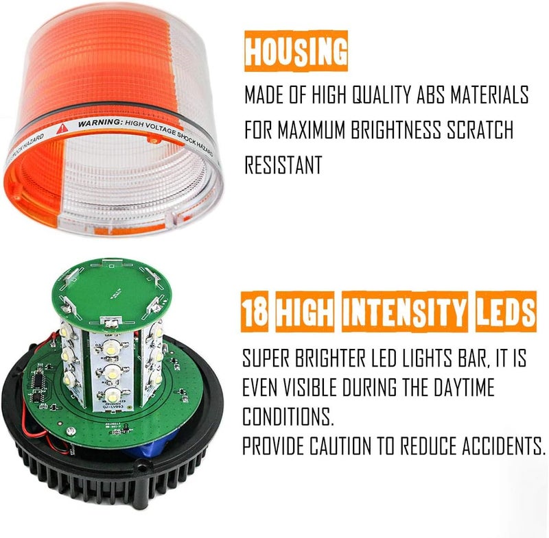 LE-JX Amber/White Wireless Rotating Beacon Orange Battery Led Strobe Warning Light Roof Top Plow Hazard Flash Emergency Lights 12V with Magnetic Base Mount and Rechargeable Plug(Yellow/White, 18 LED) - Image 5