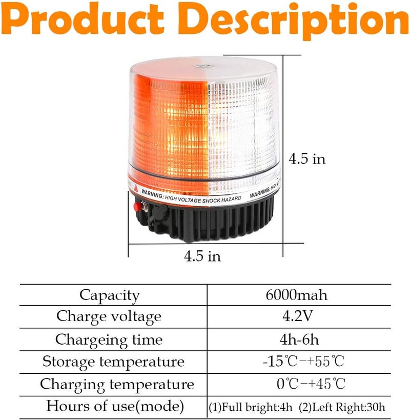 LE-JX Amber/White Wireless Rotating Beacon Orange Battery Led Strobe Warning Light Roof Top Plow Hazard Flash Emergency Lights 12V with Magnetic Base Mount and Rechargeable Plug(Yellow/White, 18 LED) - Image 2