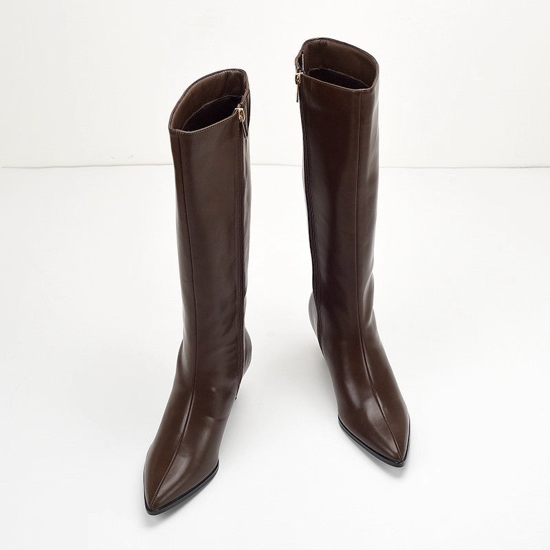 Women's PU Leather Pointed Toe High Heel Knee High Boots - Image 2