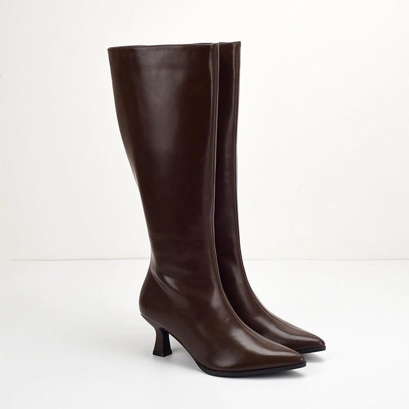 Women's PU Leather Pointed Toe High Heel Knee High Boots - Image 5