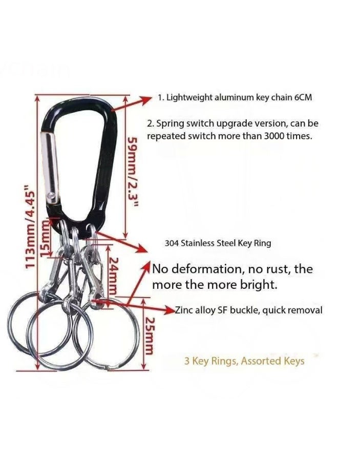 OUYoo 3Pcs Carabiner Clip Keychain Aluminum Alloy D Shape Multifunction Clip Hook with 3 Key Rings,Multifunctional Keychain Clip, D Ring Shape 3 Hole Key Carabiner with Multi Quick Release Key Rings Quick.(Black Gold Silver) - Image 2