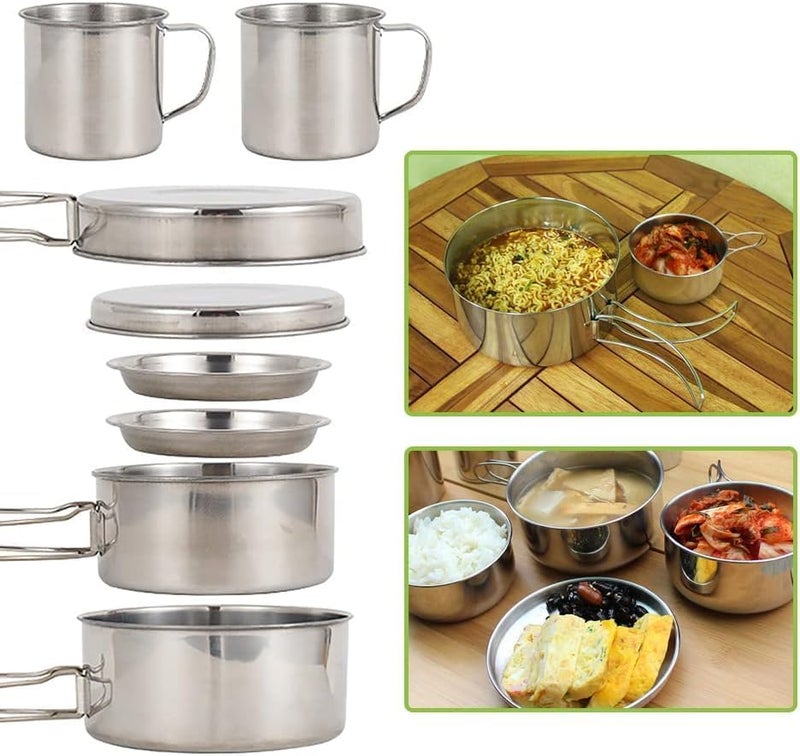 NEELABIL Camping Cookware Mess Kit 8PCS Stainless Steel Cooking Pot and Pan Set with Plates Cups for Outdoor Camping Hiking Backpacking,Camping cooking set - Image 4