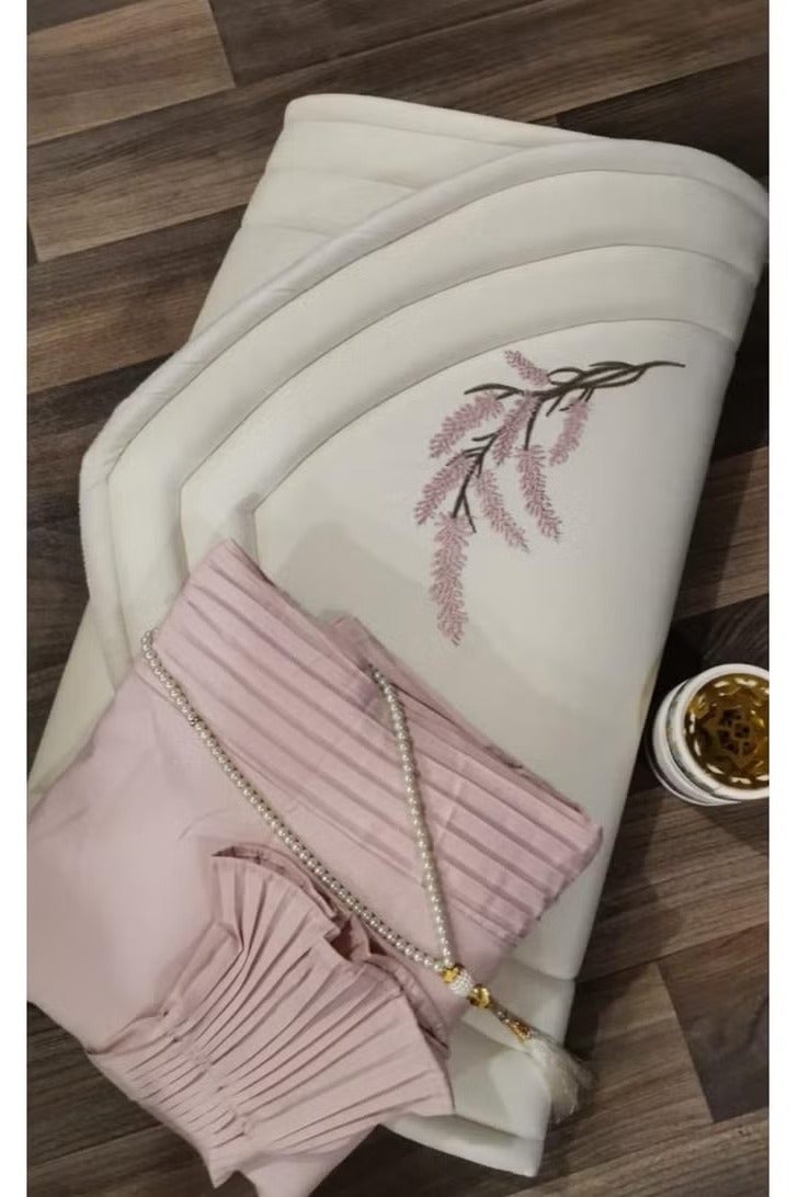 طقم سجادة صلاة بشكل المحراب محشوة بطانة اسفنج سماكة ٢سم مع ثوب صلاة بربطة جانبية بكسرات- وردي - Image 4