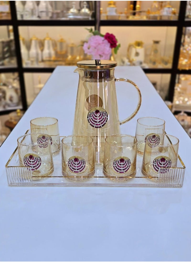 Damanhoor Luxury Glass Jug Set with 6 Glasses and Acrylic Tray Elegant Gold Finish with Maroon Accents 