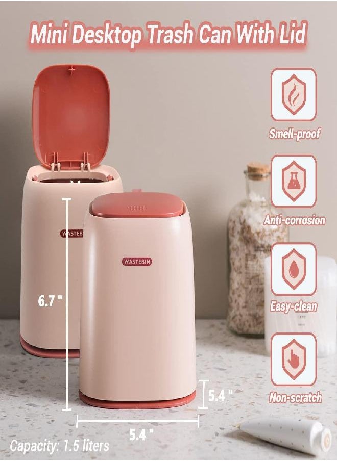 GILIF - GILIF Tiny Desktop Trash Can with Lid,Mini Waste Bin with Push Button Cover with 90pcs Trash Bags,Modern Cute Small Little Plastic Countertop Garbage Bin for Car,Bathroom,Kitchen,Laundry Room (Pink) - Image 1