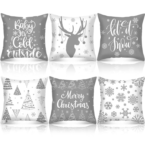 VitalCozy 6 Pcs 18 x 18 inch Christmas Throw Pillow Covers Xmas Cushion Covers Pillow Cases Snowflake Winter Throw Pillow Covers Christmas Decor for Bedroom Sofa Couch Cushion Square Home Gray - Image 1