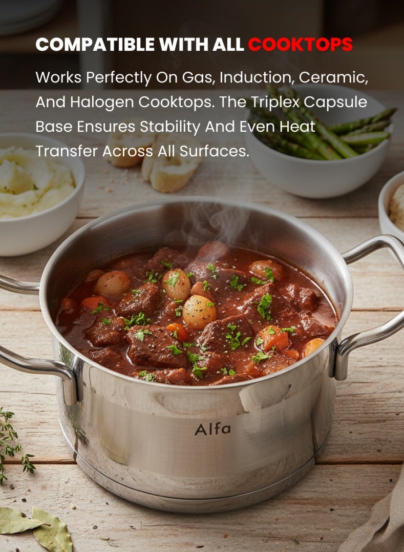 ALFA Stainless Steel Casserole 26 cm | 8.4 L Capacity | 18/10 Food‑Grade Steel | Triplex Capsule Bottom | Induction & Gas Compatible | With Lid - Image 4