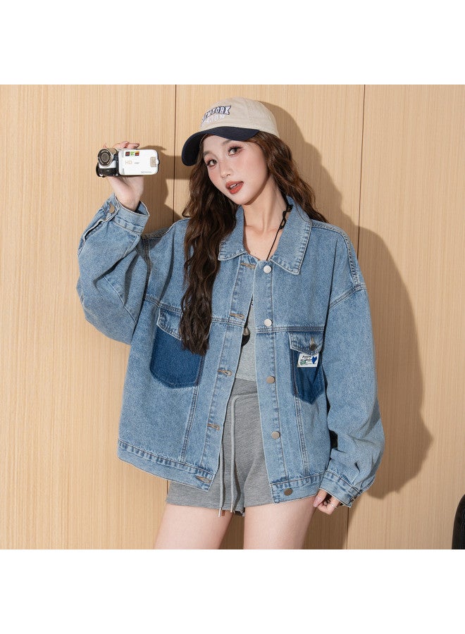 TonLion Autumn New Arrival Women's Denim Jacket With Pocket Color Blocking, Petite Short Style, Youthful, Flattering, Loose Fit, Versatile Women's Jacket - Image 4