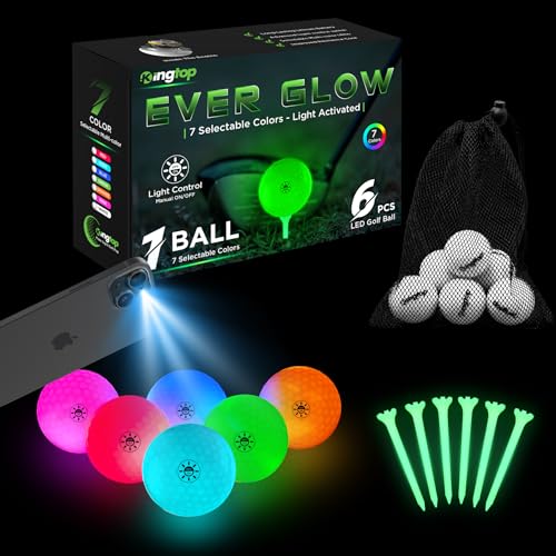 KINGTOP EverGlow Glow in The Dark Golf Ball - Light Activated 7-Color LED Golf Balls, Light up Ball with Fluorescent Tees and Storage Bag, Fun Night Golfing Gift for Men and Women - Image 1
