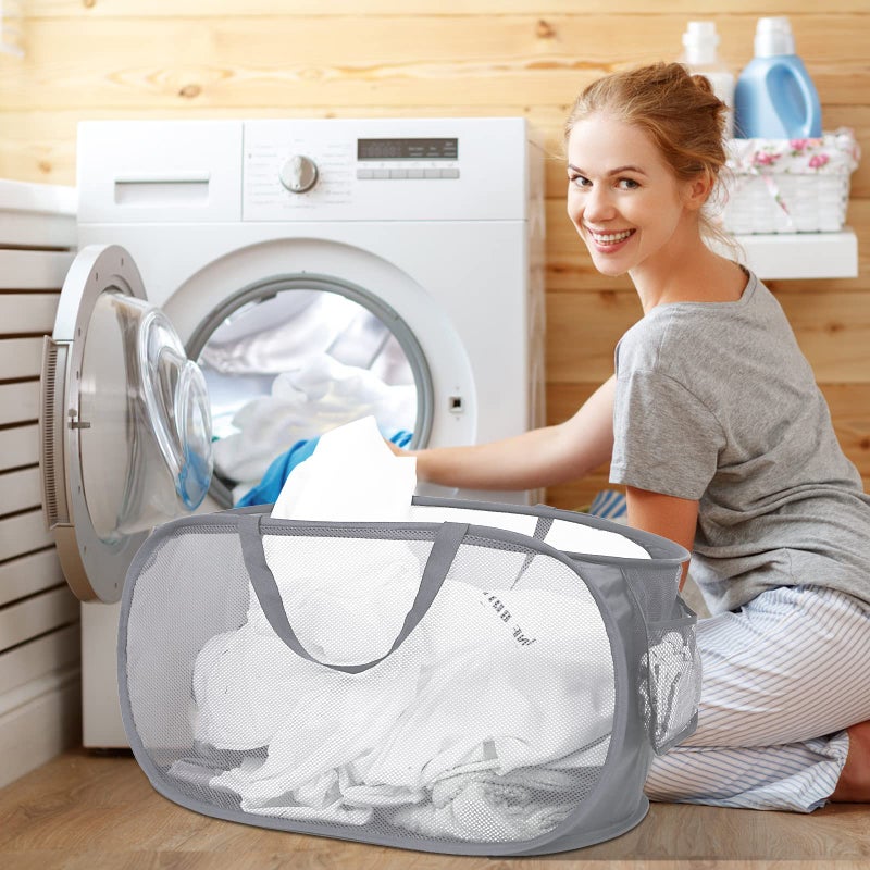 Bemkoo Durable Collapsible Laundry Baskets, Mesh Pop Up Laundry Hamper with Side Pocket, Foldable Clothes Storage Hamper with Reinforced Carry Handles for Laundry, Bathroom, Kids Room, Dorm or Travel Grey - Image 2