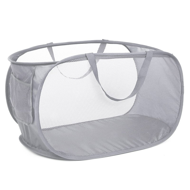 Bemkoo Durable Collapsible Laundry Baskets, Mesh Pop Up Laundry Hamper with Side Pocket, Foldable Clothes Storage Hamper with Reinforced Carry Handles for Laundry, Bathroom, Kids Room, Dorm or Travel Grey - Image 1
