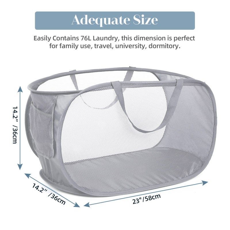 Bemkoo Durable Collapsible Laundry Baskets, Mesh Pop Up Laundry Hamper with Side Pocket, Foldable Clothes Storage Hamper with Reinforced Carry Handles for Laundry, Bathroom, Kids Room, Dorm or Travel Grey - Image 3