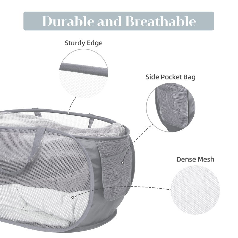 Bemkoo Durable Collapsible Laundry Baskets, Mesh Pop Up Laundry Hamper with Side Pocket, Foldable Clothes Storage Hamper with Reinforced Carry Handles for Laundry, Bathroom, Kids Room, Dorm or Travel Grey - Image 4