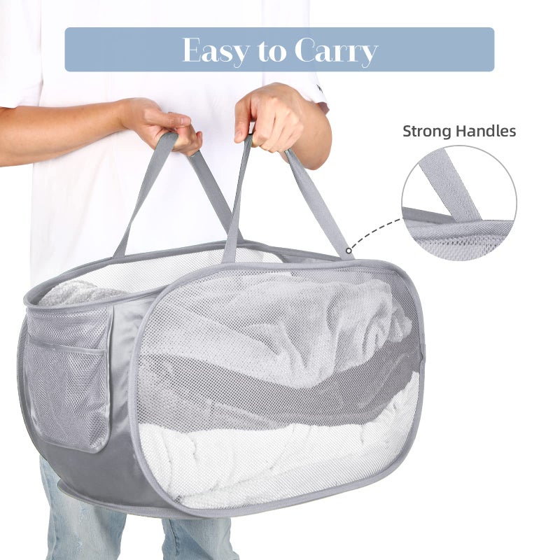Bemkoo Durable Collapsible Laundry Baskets, Mesh Pop Up Laundry Hamper with Side Pocket, Foldable Clothes Storage Hamper with Reinforced Carry Handles for Laundry, Bathroom, Kids Room, Dorm or Travel Grey - Image 5