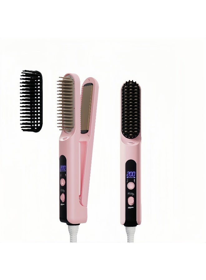 HUMJO Heating Hair Straightener Brush, 2-in-1 Splint Straight Comb, Lightweight Hot Comb with 4 Temperature Control and Removable Magnetic Comb Teeth, Pink - Image 1