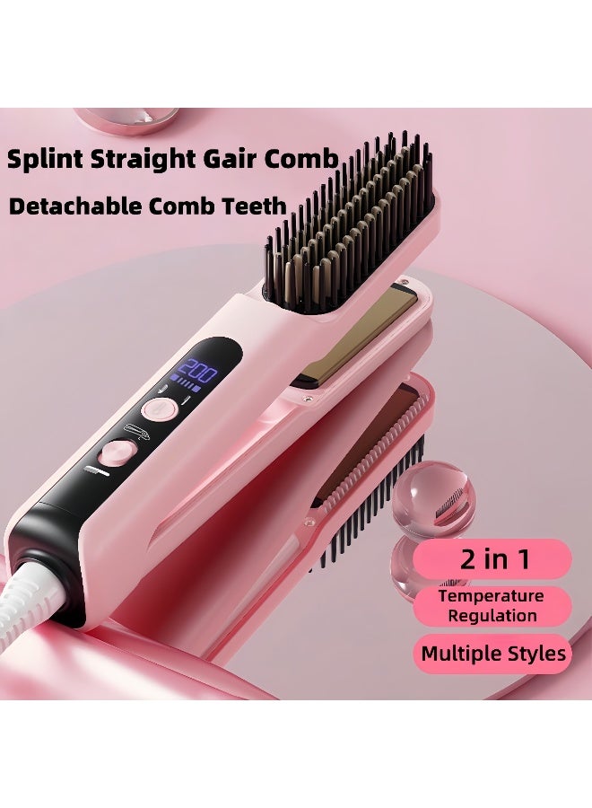 HUMJO Heating Hair Straightener Brush, 2-in-1 Splint Straight Comb, Lightweight Hot Comb with 4 Temperature Control and Removable Magnetic Comb Teeth, Pink - Image 2