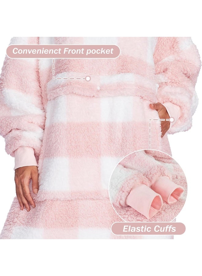 Catalonia Catalonia Buffalo Plaid Pink Oversized Blanket Hoodie Sweatshirt, Full Body Comfortable Sherpa Lounging Pullover for Adults, Gift for Women - Image 3