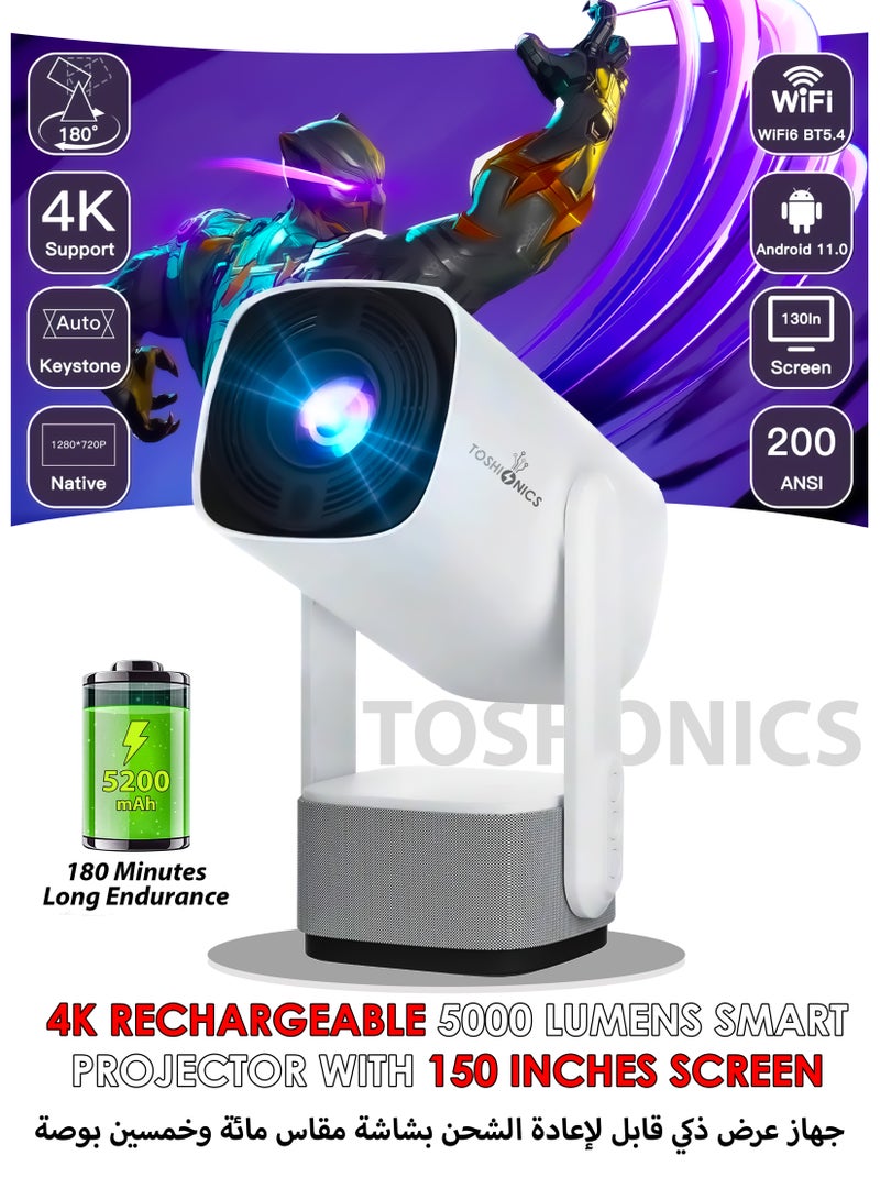 Toshonics Rechargeable 5000 Lumens HD Smart Mini Projector with 150-Inch Display, 4K Home Theater, 230° Rotating Screen, and Built-In Battery for Movies, Gaming, and Presentations - Image 1