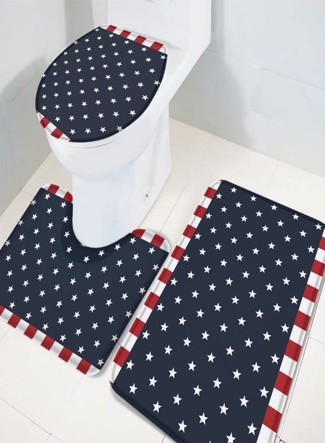 LooPoP 4th of July Bathroom Rugs and Mats Sets 3 Piece American Stars Flag Bath Sets Non Slip Bath Rug Set with U Shape Rug Red White and Blue Stripes Contour Toilet Rug for Bathroom Floor Small Size - Image 2