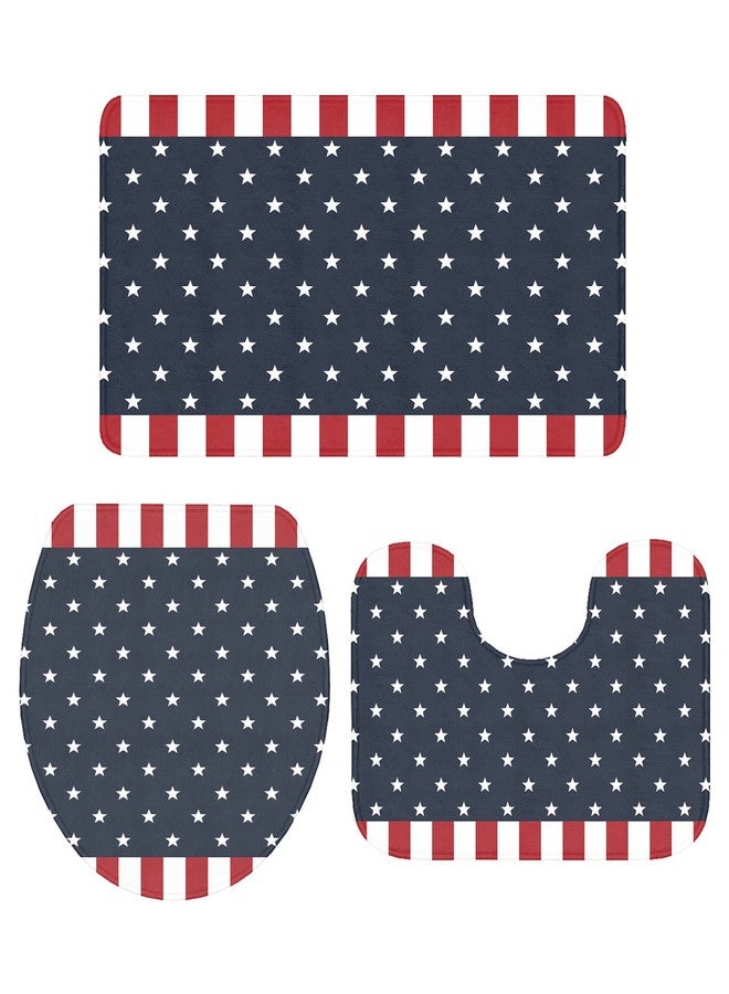 LooPoP 4th of July Bathroom Rugs and Mats Sets 3 Piece American Stars Flag Bath Sets Non Slip Bath Rug Set with U Shape Rug Red White and Blue Stripes Contour Toilet Rug for Bathroom Floor Small Size - Image 1