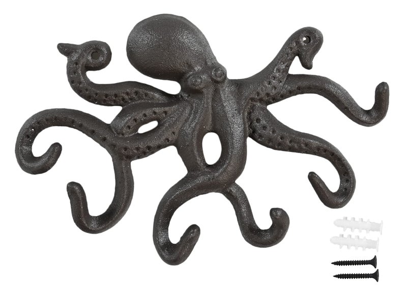 Home-X Cute Octopus Cast-Iron Key Holder, Decorative Key Holder for Wall for a Nautical-Themed Room, 8 ¾” L x 6 ¾” W x 1 ¼” H, Rustic Brown - Image 1
