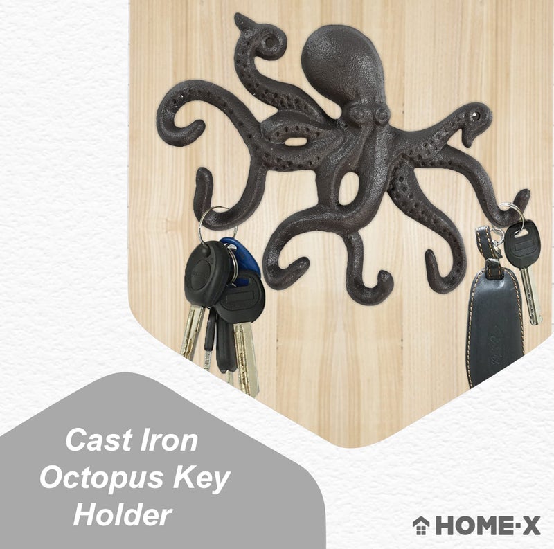 Home-X Cute Octopus Cast-Iron Key Holder, Decorative Key Holder for Wall for a Nautical-Themed Room, 8 ¾” L x 6 ¾” W x 1 ¼” H, Rustic Brown - Image 2