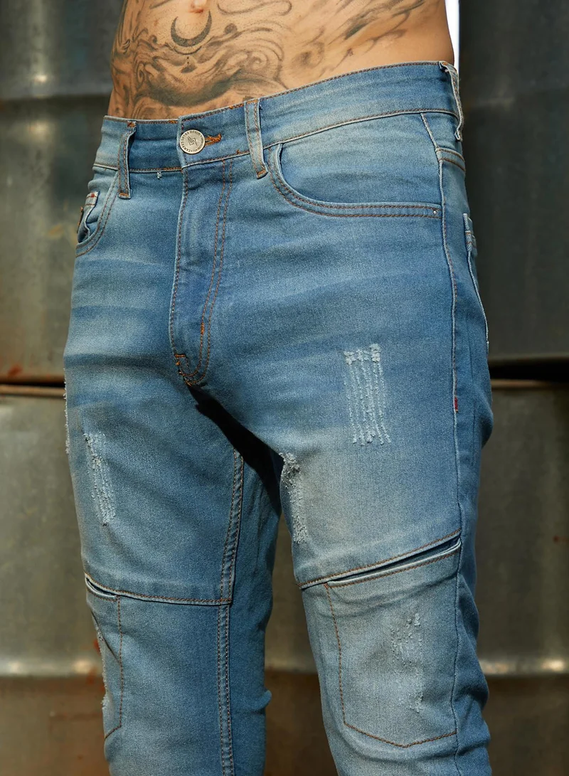 Campus Sutra  Men's Light Blue Self-Design Patched Denim Jeans for Men | Best Price UAE